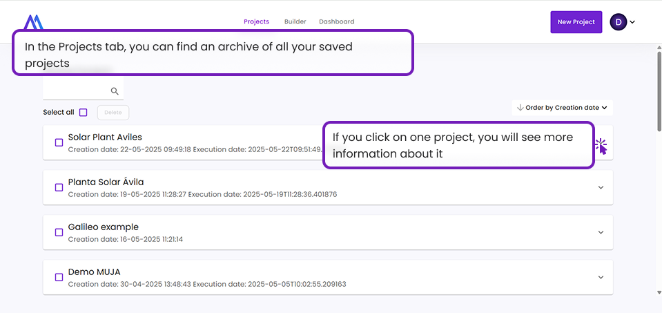 Projects Tab Explanation